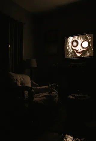 A sepia-toned dark room with an old TV screen showing a creepy female entity with large eyes and a sinister smile, creating an eerie atmosphere.