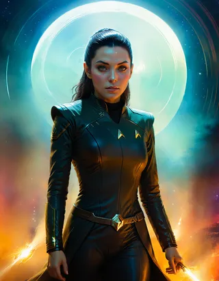 A female character in a detailed black leather uniform stands in front of a glowing circular space portal with vibrant atmospheric haze and cinematic lighting, holding energy in her hand.