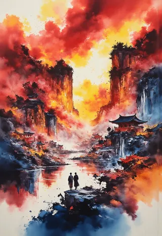 A vibrant ink painting depicting an epic fantasy landscape with towering cliffs, traditional Asian buildings, and two figures looking at a fiery red and orange sky reflected in calm waters.