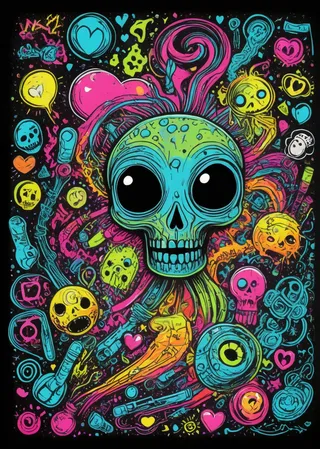 Colorful folk art featuring a large blue and green skull with oversized eyes surrounded by various smaller neon-colored skulls, hearts, and abstract shapes on a dark background.