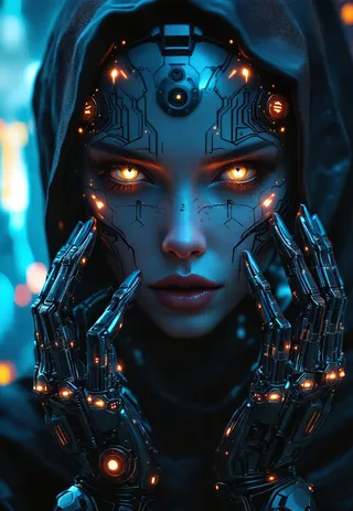Close-up of a sinister feminine cyborg with glowing yellow-orange eyes, chromed mechanical hands, and intricate circuitry on the face, set against a dark hooded cloak.