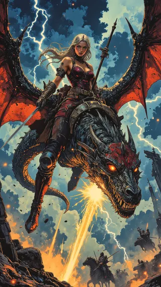 A fierce warrior woman with platinum blonde braided hair rides a massive black-scaled dragon with glowing red eyes through a stormy sky filled with lightning and airborne enemies on wyverns.