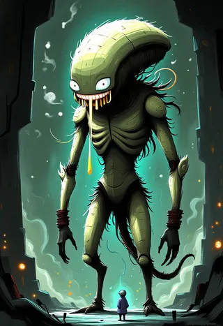 A towering xenomorph with elongated biomechanical limbs stands in a dark spaceship corridor, mouth dripping translucent drool, with a dark whimsical art style inspired by Tim Burton.