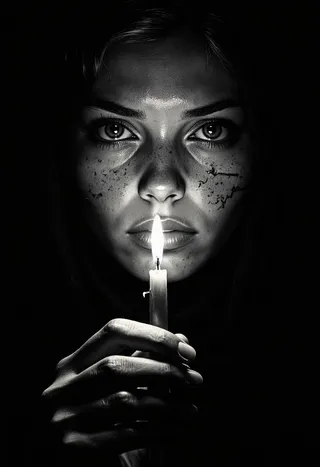 High contrast black and white candlelight portrait of a sad woman holding a flickering candle close to her face, her intense eyes staring forward, shadows cast unevenly across her features.