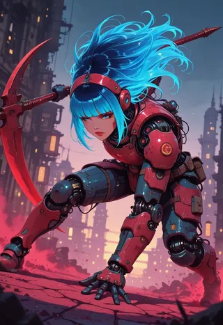 A young cyborg woman with long bright blue bioluminescent hair and bangs, dressed in red plated armour with visible robot joints, crouched in a battle stance holding a red poleaxe, set against an ancient fantasy city backdrop with directional lighting.