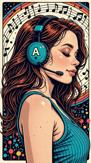 Illustration of a woman with red hair wearing a blue headset with a microphone, surrounded by music notes and vibrant colors, eyes closed in enjoyment.