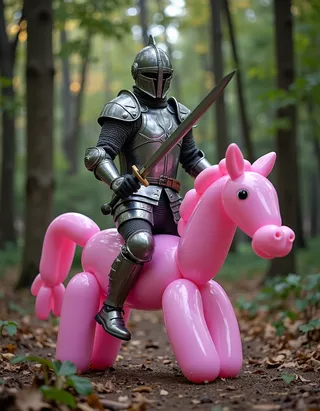A warrior dressed in shiny metal armor and helmet holding a sword while sitting on a pink balloon horse in a forest setting.