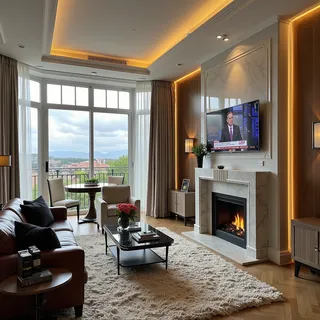 Classy art deco living room featuring marble fireplace with fire, floor to ceiling windows overlooking city and park, warm lighting, fuzzy carpet, and wood floors.