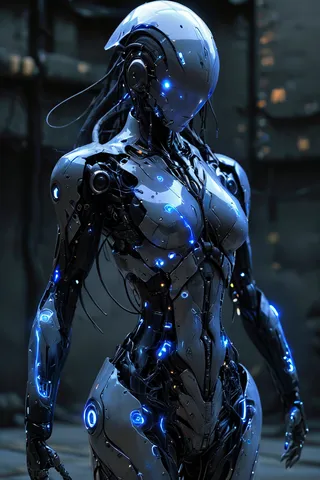 Faceless cyborg with a smooth robotic body illuminated by blue LED lights, featuring cyberpunk style and intricate mechanical details.