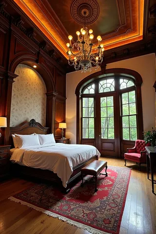Chambre de style classique avec meubles en bois d'acajou, un grand lit avec literie blanche, un tapis persan rouge sur un sol en bois, un lustre en cristal, papier peint, et fenêtres en arc montrant une vue sur la forêt.