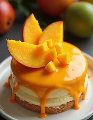 Delicious mango cake topped with orange shiny frosting and garnished with sliced mango and mango cubes on a white plate.