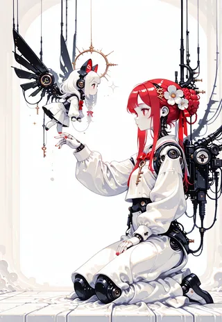A doll girl with white hair braided into a bun and red ribbons, kneeling and presenting a key to a small angel cat with mechanical wings, set on a white background with mechanical elements.