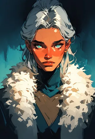 Portrait of a silver-haired woman with bronze skin and piercing cyan eyes, wearing a feather boa and dark attire, illuminated by dramatic lighting.