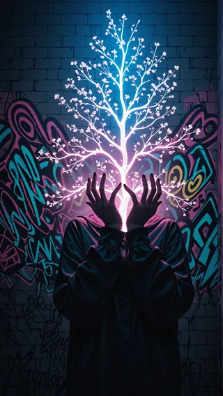 Silhouette of a figure in a dark jacket with hands raised in front of a graffiti-covered wall illuminated by a glowing neon cherry blossom tree extending upward.