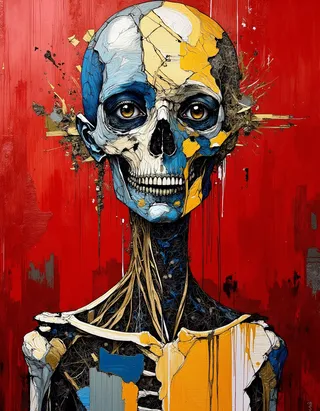 Abstract digital painting of a humanoid skeleton figure with a fragmented mosaic face and body in blue, yellow, and metallic textures against a vivid red background with glitch art effects.