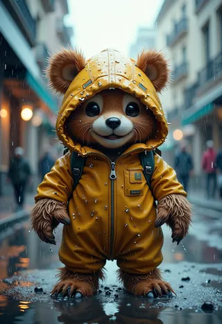 Adorable cartoon bear wearing a yellow waterproof raincoat standing on a wet urban street in the rain, its thick fur dry and fluffy.