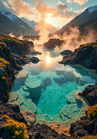 Low-angle view of a geothermal pool with turquoise waters, mineral terraces, steam rising, set among volcanic rocks and snow-capped mountains at sunrise.