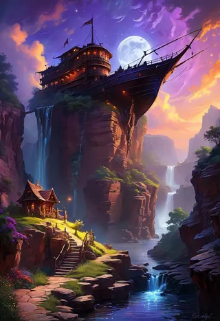 A glowing black lumenarium ship flying over lush canyons with multiple waterfalls under a large purple crescent moon, surrounded by swirling clouds and mystical mountain towers.