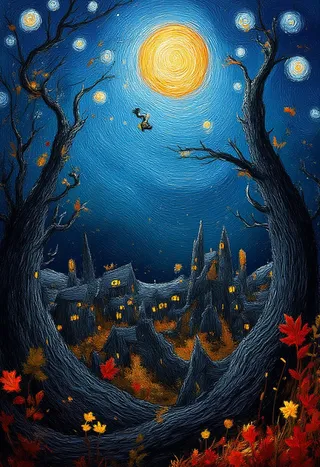 A swirling Van Gogh style Halloween village with Gothic spires under a full orange moon and starry night, framed by gnarled trees and autumn leaves.