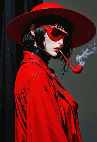 Stylized digital artwork of a punk woman wearing a vivid red wide-brimmed hat and sunglasses, smoking a red pipe against a dark background.