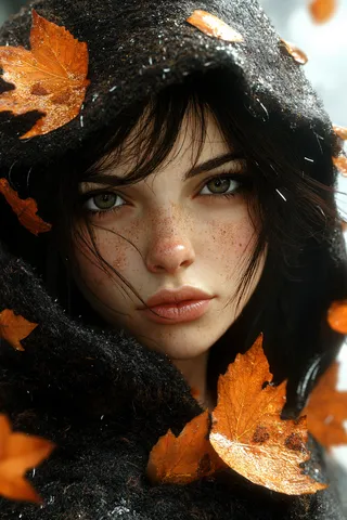 Close-up portrait of a woman with freckles and piercing eyes, wearing a heavy black wool cloak adorned with autumn leaves, in a misty autumn forest setting.