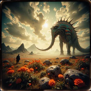 A colossal primeval herbivore with a long neck and barbed tail stands in a flower-covered steppe under a dramatic cloudy sky with distant mountains.