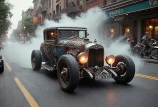 A vintage 1929 hot rod car driving through a gloomy city street resembling Gotham, leaving thick smoke trails with cinematic lighting and a retro cyberpunk style.