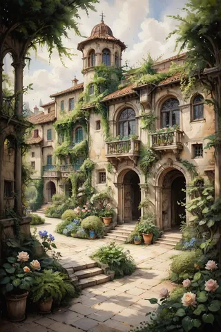 A lush garden walkway bordered by historic stone buildings covered in climbing roses and hydrangea, illustrated in oil and watercolor style with Baroque and ink influences.
