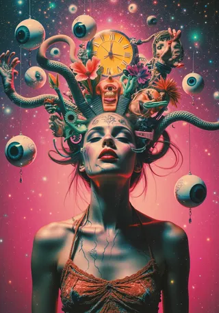 A surreal depiction of a woman with eyes closed, surrounded by floating eyeballs, clock, serpents, mechanical gears, and abstract heads in a psychedelic neon vortex.