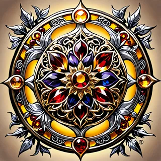 Detailed Neo-Byzantine style circular ornament featuring ruby, sapphire, gold, and intricate floral mosaic patterns accented by silver leaves.