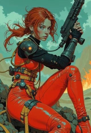 Heroic woman with amber hair and emerald eyes wearing red latex leggings and yellow harness, holding a rifle on a futuristic battlefield under moody lighting.