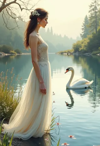 A beautiful woman in a flowing dress stands gracefully by a tranquil river, gazing at a swan gliding on the water, surrounded by serene natural scenery.
