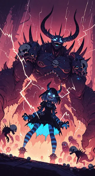 Dark fantasy scene featuring a glowing-eyed monster with horns and striped pantyhose standing before a giant horned beast adorned with skulls and lightning strikes.