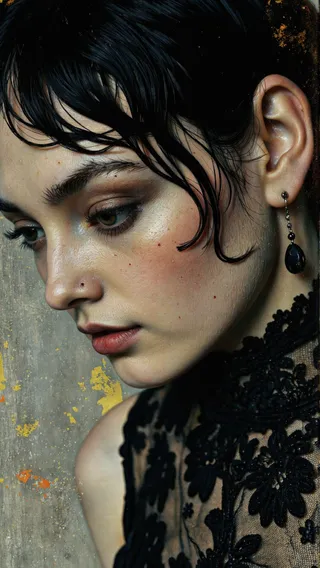 Close-up portrait of a woman with pale skin and wet black hair wearing black lace top and elegant earrings against a moody gray background with hints of yellow and orange.