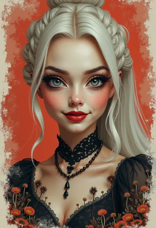 Close-up portrait of a beautiful girl with white hair styled in a complex bun, wearing a black lace necklace and black dress, with red lipstick and smoky makeup, surrounded by dried flowers on a rustic orange background.