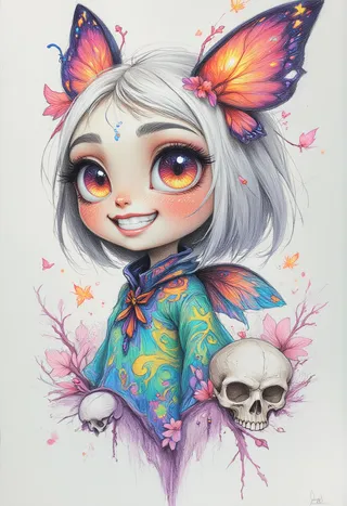 A vibrant colour pencil drawing of a tiny fairy with oversized swirling galaxy eyes and radiant butterfly wings, smiling mischievously with skulls and flowers around her.