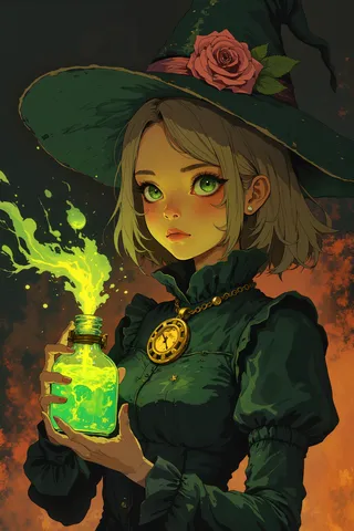 A young witch with light brown hair wearing a large green hat decorated with a pink flower holds a glowing green potion bottle emitting magical light.