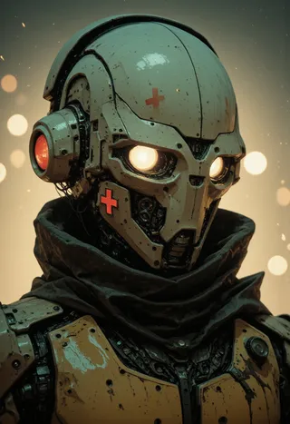 Hyper-realistic upper-body portrait of a battle-medic android with a battle-worn mechanical skull, glowing synthetic eyes, red cross insignias, and gritty cinematic lighting.