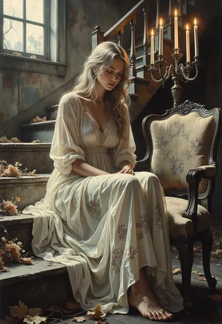 Melancholijna kobieta w vintage kwiecistej nocnej koszuli siedzi boso na zużytych schodach obok świecznika w rozpadającej się wiktoriańskiej rezydencji, oświetlona miękkim światłem księżyca.