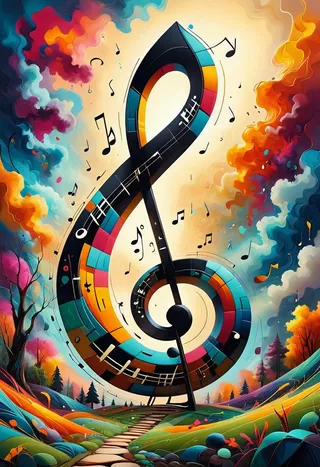 A giant, colorful treble clef musical note in a surreal landscape with bold, swirling clouds, abstract geometric shapes, and dynamic composition.