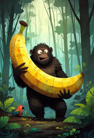 Cartoon monkey holding a giant banana like a phone standing in a jungle canopy with green vines and tropical birds around.