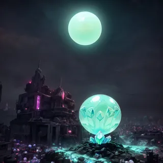 A glowing crystal ball floating above rubble in a dark, ruined urban cityscape with neon highlights and a luminous orb in the night sky.