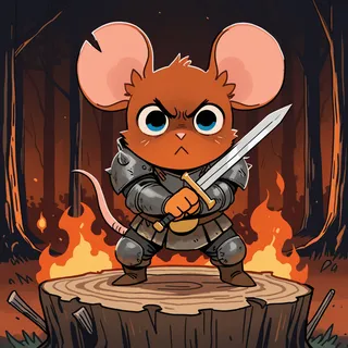 Angry mouse warrior holding sword in fighting stance on tree stump with burning forest background