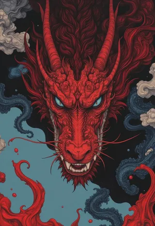 Detailed close-up illustration of an Asian dragon with red scales and blue eyes, surrounded by dark swirling smoke and a moody background.