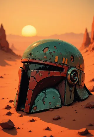 Battered and rusted Boba Fett helmet lying half-buried in orange desert sand at sunset with rocky formations in the background.