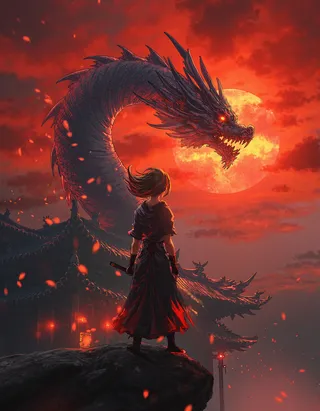 A fierce female samurai stands on a rocky outcrop facing a colossal dragon with fiery eyes beneath a dark red sky, near an ancient Japanese temple.