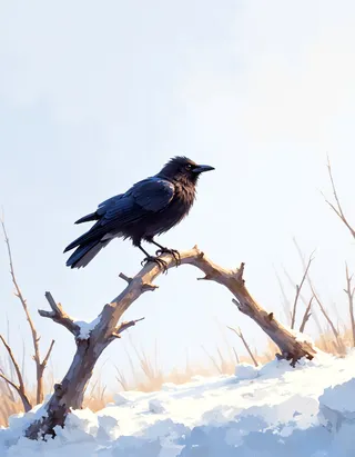 A black raven perched on a curved bare branch above snow-covered ground under a clear, white sky on a winter day.