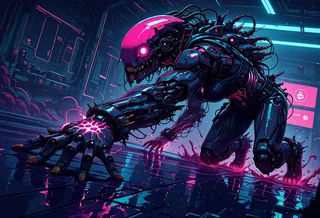Close-up action shot of a female futuristic martial artist with cybernetic arms and biomechanical flesh-metal fusion in a neon-lit cyberpunk dojo.