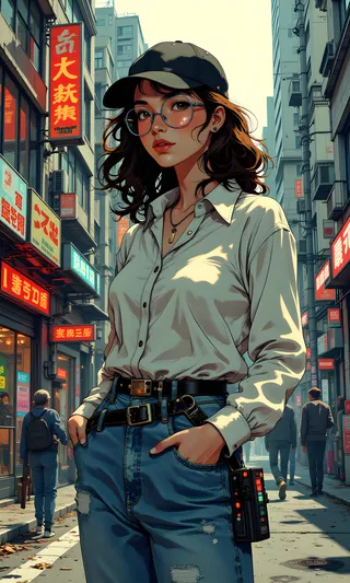 Young brunette woman wearing a black baseball cap and large round glasses stands confidently on a bustling urban street with neon signs and tall buildings.