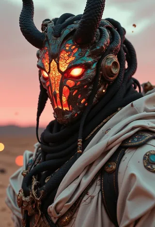Close-up of a cyberpunk sci-fi shinobi with a glowing horned mask and black scarf, dressed in white cybernetic armor against a desert sunset.